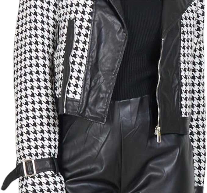 Short Houndstooth Jacket. Designed for versatility, this Italian-made piece showcases a timeless pattern. The jacket is equipped with a sleek zipper closure and is available in a range of sizes to ensure a perfect fit. Houndstooth black and white