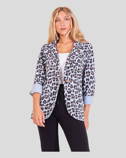 Animal Print Blazer crafted from lightweight cotton, offering both comfort and elegance. The blazer features a unique animal print design, making a bold and stylish statement. With a practical one-button closure, it effortlessly combines comfort with sophisticated flair. Two large front pockets enhance functionality while adding to the overall chic aesthetic.