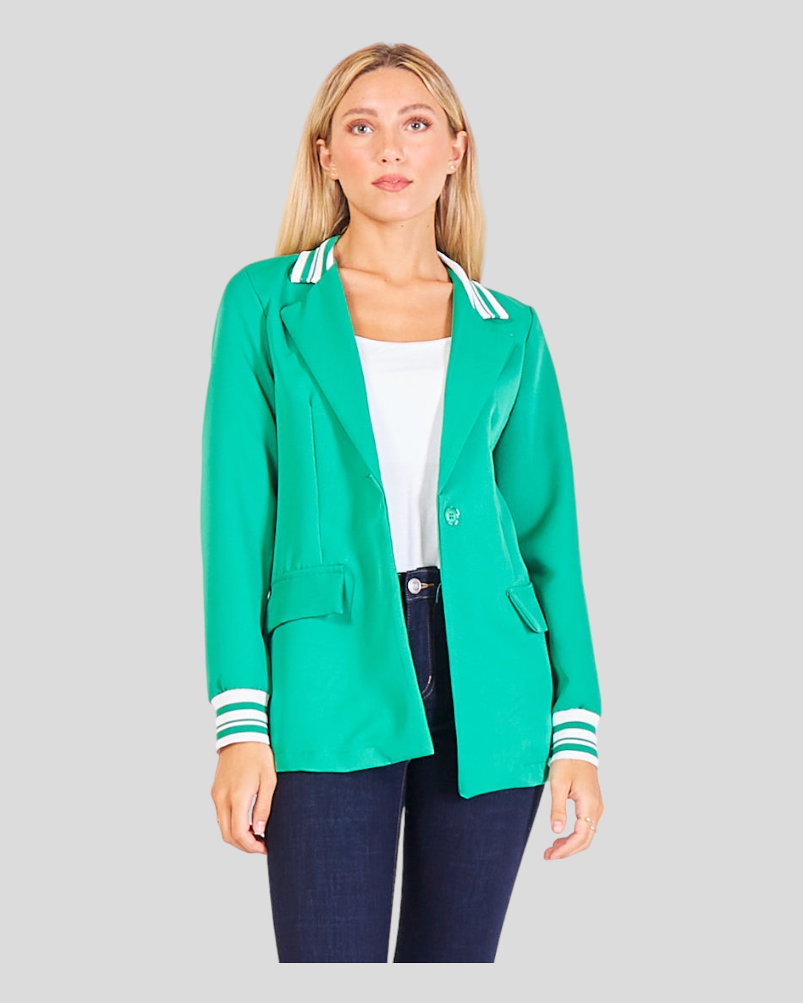 This image presents a Casual Sporty Blazer designed for effortless chic. Crafted from a light blend of cotton and viscose, it ensures comfortable wear. The blazer features distinctive stripes on the cuffs and collar, adding a sporty vibe to the overall look. The long collar contributes to a contemporary touch, while a one-button closure offers versatility and ease of wear.