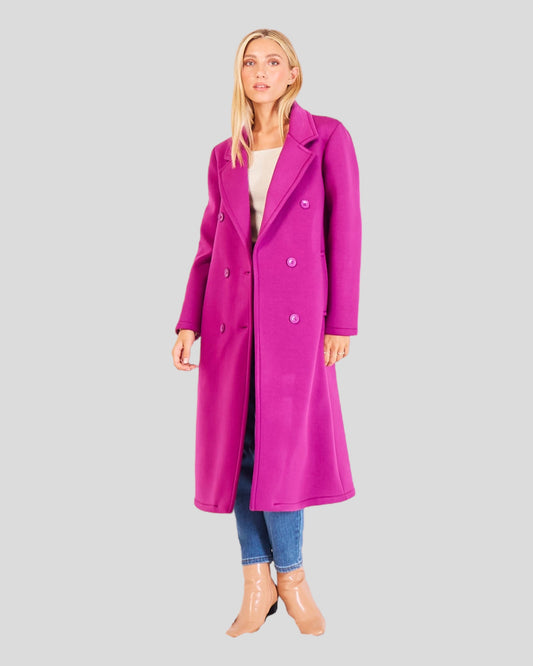 Classic Italian Long Overcoat. This sophisticated overcoat is characterized by a double-breasted design with six buttons and two convenient pockets. Crafted from a blend of faux wool and acrylic, it combines style and comfort seamlessly. Color Magenta