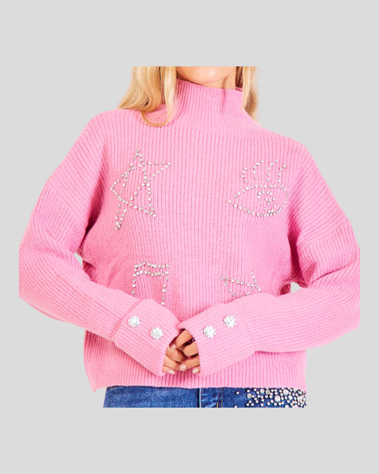 Sweater with High Neck, Turn-Up Cuffs, and a Comfortable Straight Fit, exuding radiant elegance. The sweater is adorned with rhinestone applications on the front, offering a touch of sparkle. Additionally, two large rhinestone buttons grace the turned cuffs, adding a glamorous element. Fashionable and sophisticated, this sweater provides light coverage, making it perfect for mid-season wear.