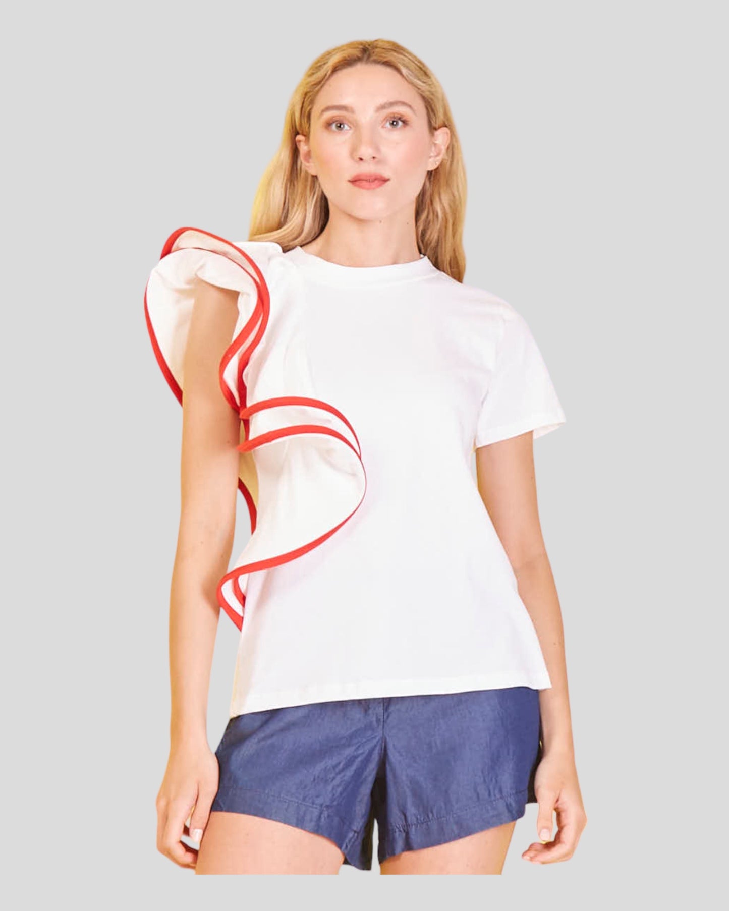Luxury in Motion: Short Sleeve T-Shirt with Ruffled Elegance